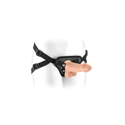 Dildo strap on di piccole dimensioni per principianti, con harness indossato da un manichino