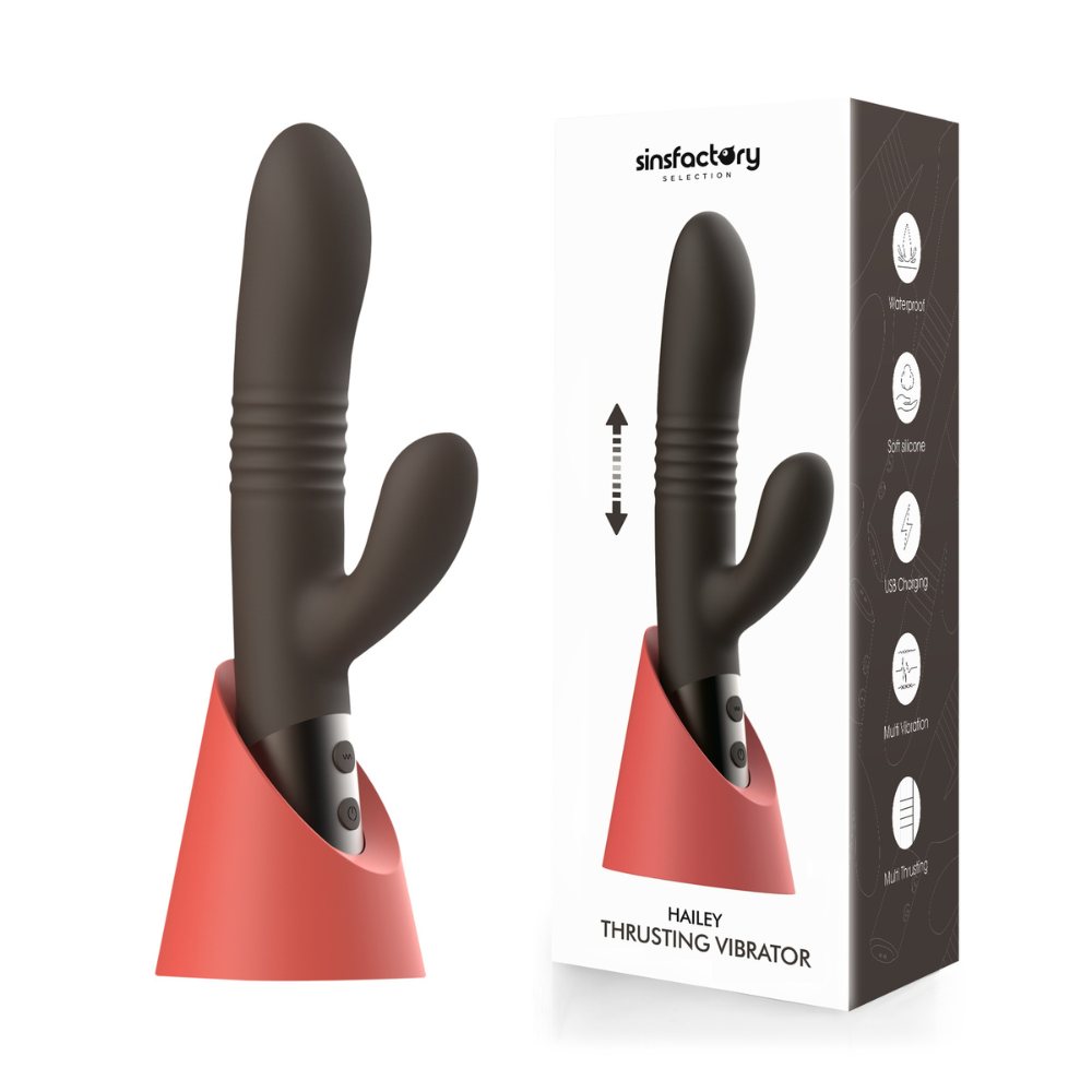 Vibratore rabbit Hailey accanto al suo packaging originale, elegante e discreto