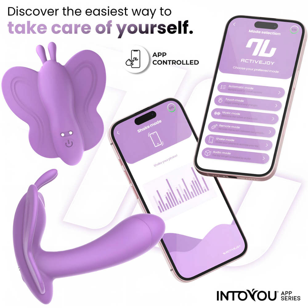 Vibratore indossabile Wingy con app per controllo remoto, mostrata in azione su uno smartphone