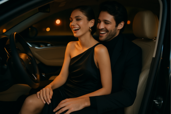 Coppia sensuale in auto: eleganza, complicità e intimità nella posizione dell’amazzone Coppia elegante in macchina di notte, lei seduta sulle gambe di lui, atmosfera romantica e sensuale con luci soffuse e sguardi complici