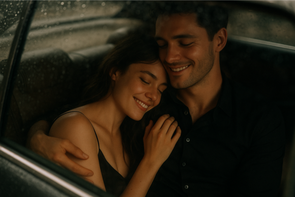 Coppia abbracciata dopo il sesso in auto: intimità, complicità e romanticismo sotto la pioggia Coppia che si abbraccia nel sedile posteriore di un’auto sotto la pioggia, atmosfera romantica e sensuale dopo aver fatto l’amore in macchina