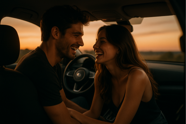 Fare l’amore in macchina: intimità romantica al tramonto tra sorrisi e complicità Coppia che ride e si guarda negli occhi seduta in auto al tramonto, atmosfera romantica e sensuale ma discreta, fare l’amore in macchina con complicità e rispetto