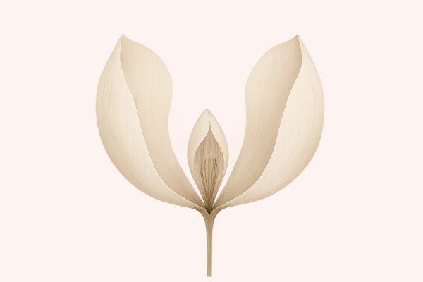 Fiore elegante stilizzato che rappresenta la forma di vulva a ferro di cavallo, con piccole labbra che si intravedono in modo sensuale e completamente naturale