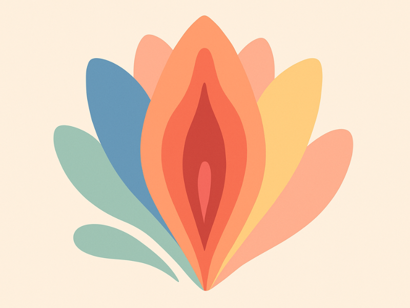 Illustrazione astratta ed elegante che rappresenta la varietà delle forme della vulva con forme floreali e sensuali