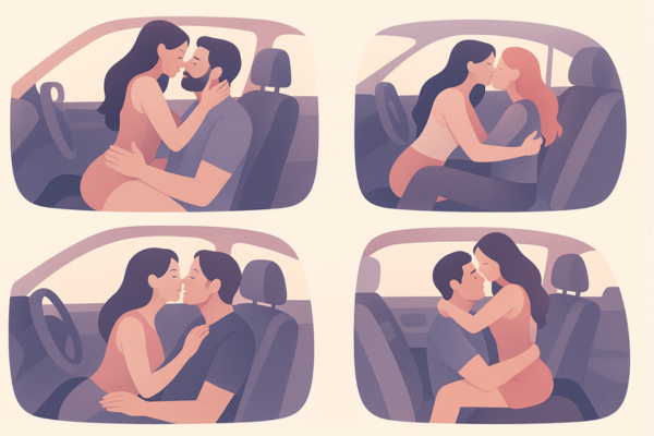 Kamasutra in macchina: posizioni sensuali illustrate in stile flat design elegante Illustrazione elegante in stile flat design di coppie che fanno sesso in macchina in diverse posizioni del Kamasutra, stile editoriale raffinato e sensuale