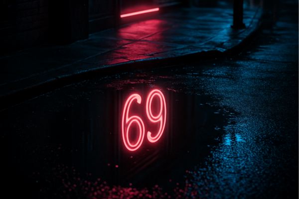 Insegna al neon 69 riflessa in una pozzanghera di notte Riflesso notturno di un'insegna al neon con il numero 69 in una pozzanghera su strada urbana