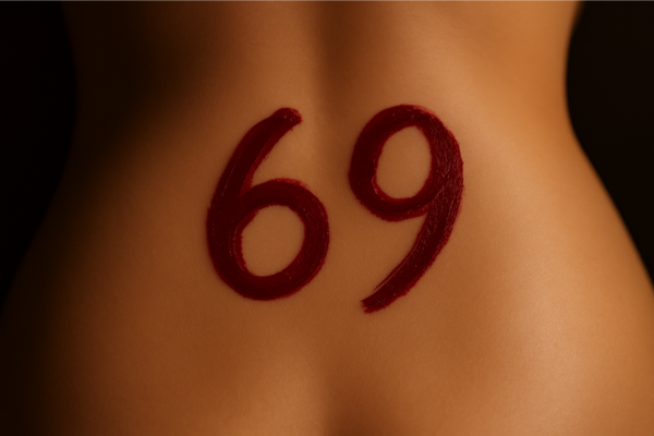 Numero 69 disegnato con il rossetto rosso sulla pelle nuda, simbolo sensuale delle varianti della posizione sessuale 69 scritto con il rossetto sulla pelle nuda: simbolo elegante delle varianti di questa posizione classica del Kamasutra